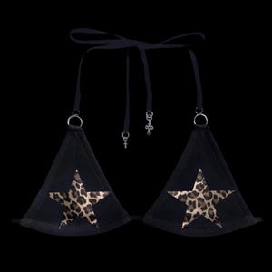s𝔱𝔞𝔯༻ leopard star black sweat fleece bikini top / handmade y2k 90s rave 2000s punk alt grunge goth emo