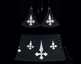 u𝔫𝔥𝔬𝔩𝔶༻ handmade top  and skirt set / silver chrome cross / y2k grunge goth alt punk