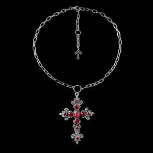 c𝔬𝔫𝔣𝔢𝔰𝔰𝔦𝔬𝔫༻ red rhinestone cross stainless steel necklace / large gothic cross goth y2k punk grunge 90s 2000s alt big cross necklace grunge