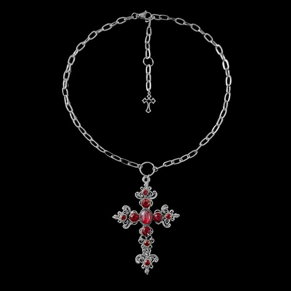 Collier en acier inoxydable avec croix en strass rouges / grande croix gothique punk grunge des années 90 des années 2000 alt grande croix grunge