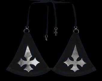 u𝔫𝔥𝔬𝔩𝔶༻ black / silver chrome inverted cross bikini top / handmade / goth grunge punk y2k alt
