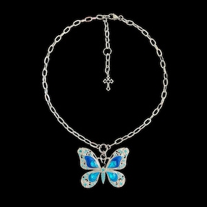 b𝔲𝔱𝔱𝔢𝔯𝔣𝔩𝔶༻ Blaue Rhinestone-Schmetterling-Halskette / Edelstahl / goth grunge alt 2000 Y2K