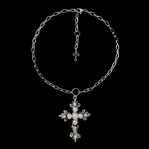 c𝔬𝔫𝔣𝔢𝔰𝔰𝔦𝔬𝔫༻ stainless steel necklace large pearl cross goth y2k punk grunge 90s gothic fairy Victorian alt big cross grunge coquette