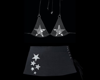 s𝔱𝔞𝔯༻ 2 piece set handmade y2k bikini top / lace up micro mini skirt w. silver metallic star print / y2k 2000s punk alt  goth cyber rave