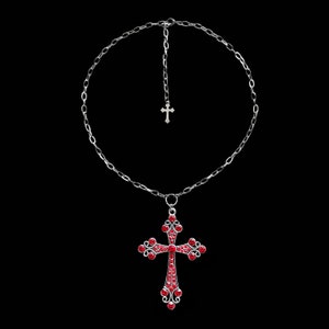 e𝔱𝔢𝔯𝔫𝔞𝔩 ༻ red cross rhinestone stainless steel necklace / large gothic cross pendant goth y2k punk grunge 90s 2000s alt emo fairy