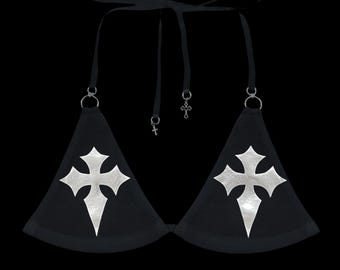 h𝔬𝔩𝔶༻ black / silver chrome cross bikini top / handmade / goth grunge punk y2k alt