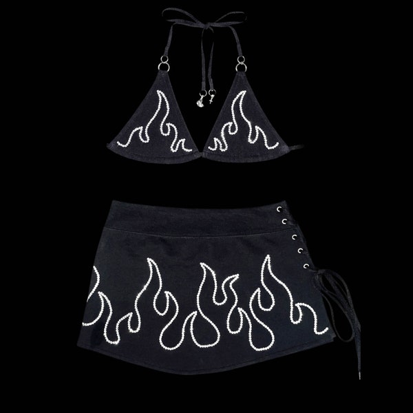 b𝔩𝖆𝔷𝖊༻ 2 piece set y2k bikini top + lace up micro mini skirt / rhinestone flame print y2k bling 2000s punk alt goth cyber rave