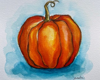 Pumpkin Painting, Original Handmade Watercolor Artwork, Autumn Gift Giving