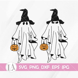 May include: Two white ghost illustrations wearing black witch hats, each holding a lit candle and an orange jack-o'-lantern bucket. One ghost has round eyes, the other has angry eyes. Text at the bottom reads SVG PNG DXF EPS JPG.