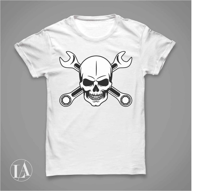 May include: White t-shirt with a black skull and crossbones design featuring two wrenches.