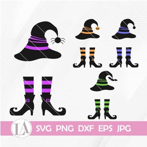 May include: A collection of Halloween-themed digital graphics featuring witch hats and boots. The hats are black with colorful bands and accents, including a spider, pumpkin, and bat. The boots are black with striped socks in various colors.