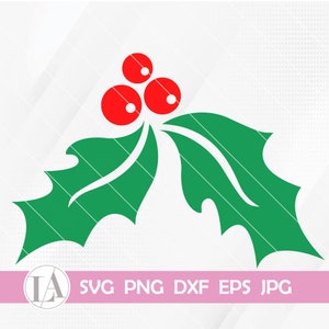 Könnte beinhalten: Vektorgrafik eines Stechpalmenzweigs mit drei roten Beeren und zwei grünen Blättern. Das Bild enthält den Text "SVG PNG DXF EPS JPG" in weißen Buchstaben auf einem rosa Banner.
