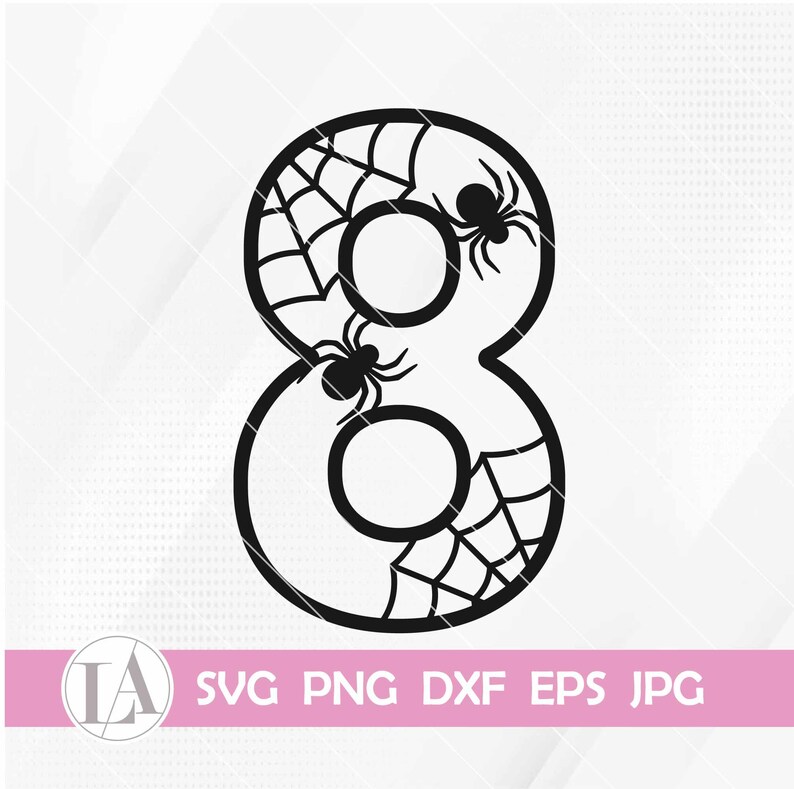 May include: Black and white silhouette of the number eight with a spider web design and two spiders.  SVG PNG DXF EPS JPG