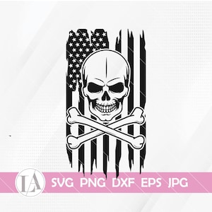 US Skull with Crossed Bones Svg | Skull and Bones Svg | US Skull Shirt Designs | Skull with US Flag Silhouette Svg | Png Jpg Dxf Eps