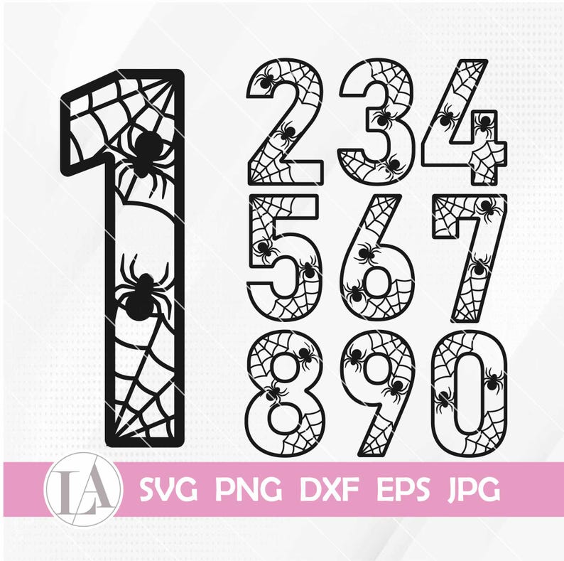 May include: Black and white digital cut files of numbers 1 through 10 with a spider web design and spiders. The numbers are in a bold, block font. The files are for SVG, PNG, DXF, EPS, and JPG.