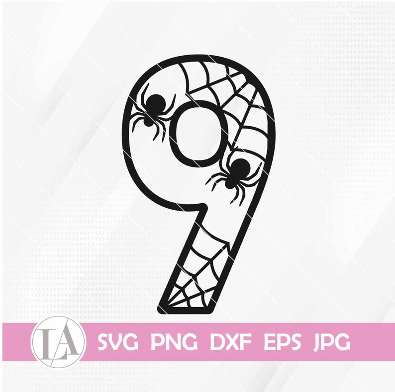 May include: Black and white digital cut file of the number nine with a spider web design and two spiders. The file is available in SVG, PNG, DXF, EPS, and JPG formats.