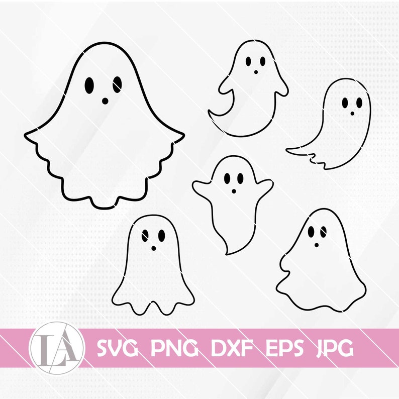 May include: Set of six black and white ghost illustrations. The ghosts are in various poses and sizes.