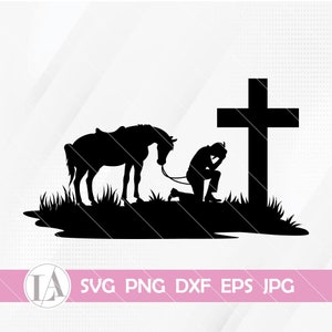 Cowboy with Horse Kneeling Praying at Memorial Cross SVG, Kneeling Cowboy svg, Rodeo Boy svg, Western Cowboy Svg, Kneeling svg, Cowboy Svg