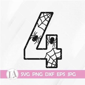 May include: Black and white digital cut file of the number four with spider webs and spiders. The file is available in SVG, PNG, DXF, EPS, and JPG formats.