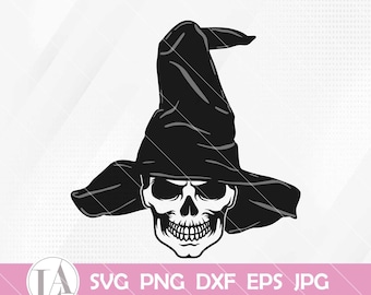 May include: Black and white illustration of a skull wearing a witch's hat. The skull has a sinister expression with a wide grin and sharp teeth.