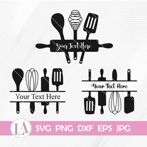 Puede incluir: Siluetas negras de utensilios de cocina, que incluyen una cuchara, un batidor, una espátula y un rodillo, con el texto "Your Text Here". El diseño es adecuado para proyectos de manualidades e incluye los formatos de archivo SVG, PNG, DXF, EPS y JPG.
