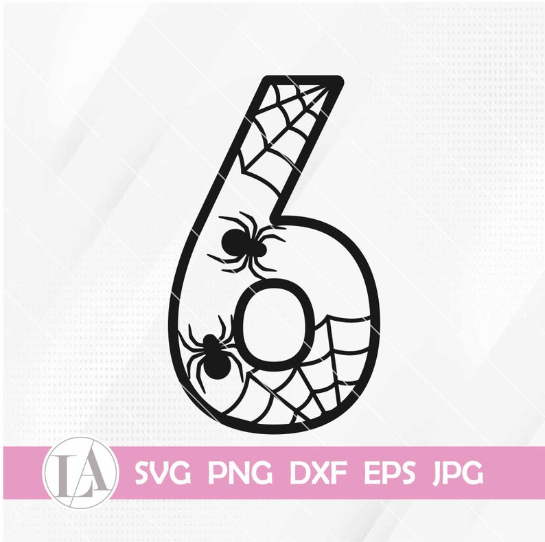 May include: Black and white digital cut file of the number six with a spider web design and two spiders. The file is available in SVG, PNG, DXF, EPS, and JPG formats.
