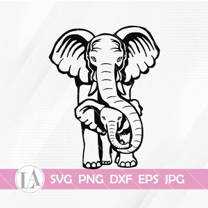 May include: Black and white line art illustration of a large elephant with a smaller elephant tucked under its trunk.
