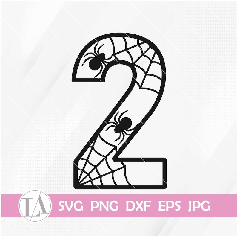 May include: Black and white digital cut file of the number two with spider webs and spiders. The file is available in SVG, PNG, DXF, EPS, and JPG formats.