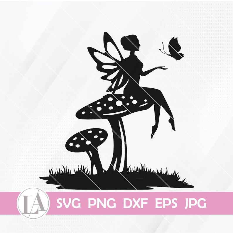 Puede incluir: Silueta negra de un hada sentada en un hongo con las alas extendidas. Una peque&ntilde;a mariposa vuela junto al hada.