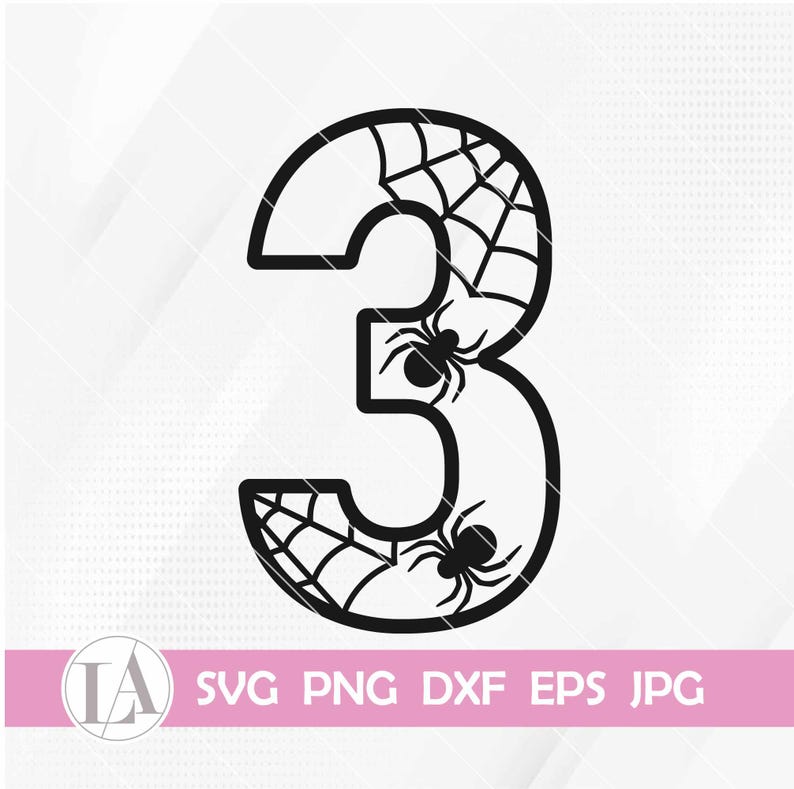 May include: Black and white silhouette of the number 3 with a spider web design and two spiders. The number is suitable for use as a Halloween decoration or craft project.