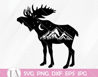 Mountain Moose Svg, Moose svg, Mountain Range Moose Svg, Moose Silhouette Svg, Cricut Digital Files Download, Moose Cut Files, SVG, Png, Dxf