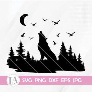 Howling Wolf SVG File, Wolf Pack svg, Wolf Shirt, Wolf Cliparts, Forest Wolf svg, Mountain Wolf svg, Wolf Animal svg, Moon Outdoor Wolf svg