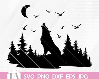 Archivo SVG de lobo aullador, manada de lobos SVG, camiseta de lobo, clipart de lobo, lobo del bosque SVG, lobo de montaña SVG, lobo animal SVG, lobo al aire libre de la luna SVG