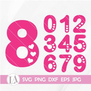 May include: Pink numbers 0 through 9 with white hearts inside each number. The numbers are in a bold, rounded font.