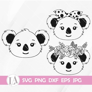 May include: Two black and white koala bear head illustrations. One koala has a polka dot bow and the other has a floral crown.
