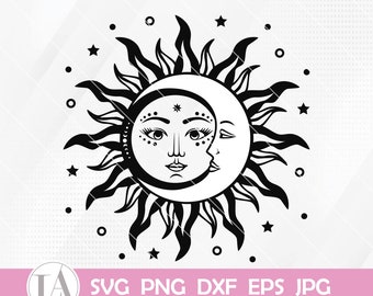 May include: Black and white celestial design featuring a sun and moon with faces, surrounded by stars and dots. The sun's rays form a halo around the moon. The image includes the text "SVG PNG DXF EPS JPG".