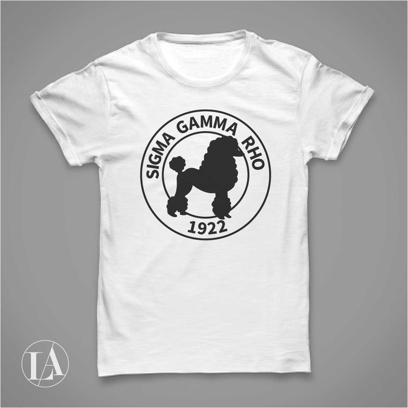 May include: White t-shirt with a black and white circular logo featuring a poodle silhouette and the text "Sigma Gamma Rho 1922".