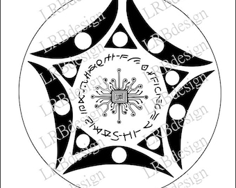 May include: A monochrome circular design with a pentagram arrangement. It features triangles, circles, and a central circuit board graphic, encircled by text. The design is set against a white backdrop. The text is in a stylized font.