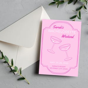 Plantilla de invitación rosa para despedida de soltera: editable en Canva, copas de champán, descarga digital, no requiere Canva Pro