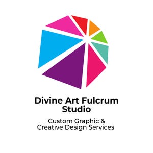 May include: A logo for Divine Art Fulcrum Studio, featuring a geometric design of colorful triangles in shades of blue, pink, purple, red, orange, and green. Below the graphic are the words "Divine Art Fulcrum Studio" and "Custom Graphic & Creative Design Services."