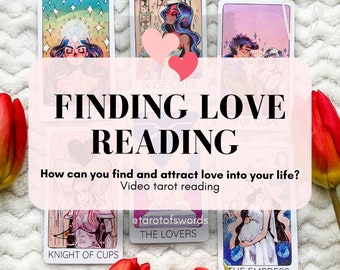 May include: Tarot cards laid out on a white fluffy surface with pink and white flowers. The cards are illustrated with colourful images and text. The text on the cards reads "IX of Cups", "Finding Love Reading", "Knight of Cups", "The Lovers", "The Empress".