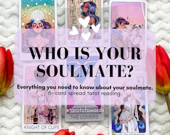 May include: A tarot card spread reading about soulmates. The cards are: Nine of Cups, Two of Cups, Knight of Cups, The Lovers, The Empress. The text reads "Who is your soulmate? Everything you need to know about your soulmate. 6-card spread tarot reading. @tarotofswords"
