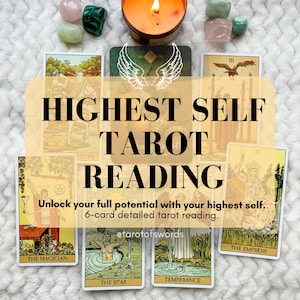 May include: A tarot card reading spread with six cards, including The Magician, The Star, Temperance, The Empress, and two other cards. The cards are laid out on a white fuzzy surface with a lit candle and crystals. The text "HIGHEST SELF TAROT READING" is superimposed on the image. The text "Unlock your full potential with your highest self. 6-card detailed tarot reading." is below the cards. The text "@tarotofswords" is below the text.