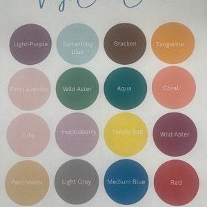 May include: A color chart with 12 vinyl colors, including light purple, something blue, bracken, tangerine, pink lavender, wild aster, aqua, coral, tulip, huckleberry, tennis ball, and wild aster.
