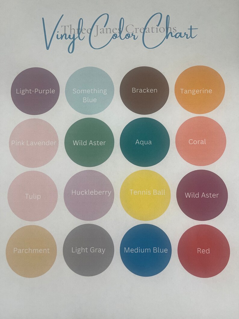 May include: A color chart with 12 vinyl colors, including light purple, something blue, bracken, tangerine, pink lavender, wild aster, aqua, coral, tulip, huckleberry, tennis ball, and wild aster.