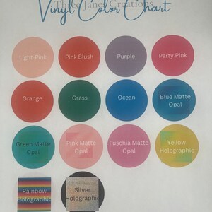 May include: Vinyl color chart with 14 different colors, including light pink, pink blush, purple, party pink, orange, grass, ocean, blue matte opal, green matte opal, pink matte opal, fuchsia matte opal, yellow holographic, rainbow holographic, and silver holographic.