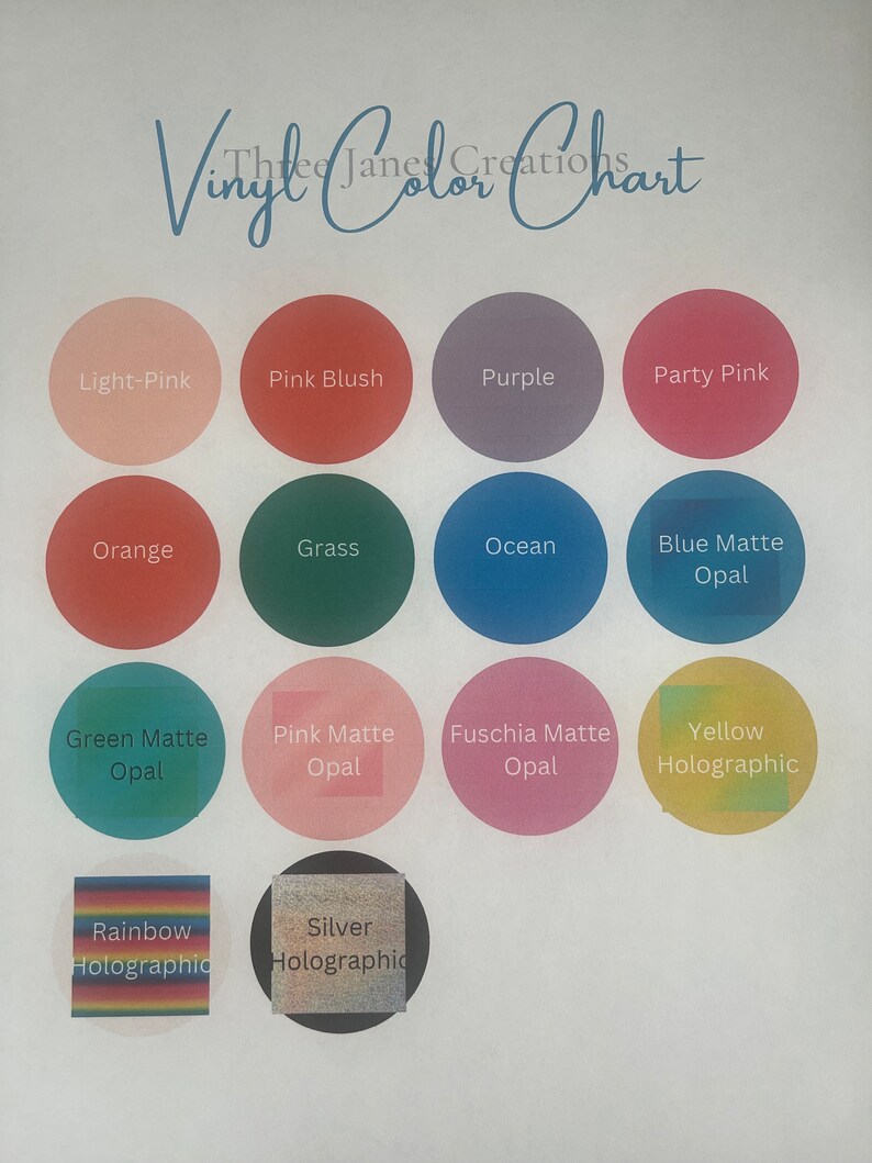 May include: Vinyl color chart with 14 different colors, including light pink, pink blush, purple, party pink, orange, grass, ocean, blue matte opal, green matte opal, pink matte opal, fuchsia matte opal, yellow holographic, rainbow holographic, and silver holographic.