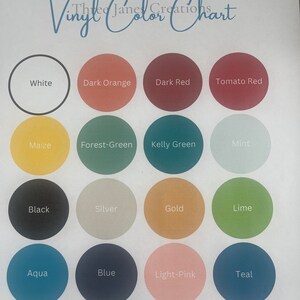 May include: Vinyl color chart with 16 different colors, including white, black, aqua, blue, light pink, teal, dark orange, dark red, tomato red, maize, forest green, kelly green, mint, silver, gold, and lime.