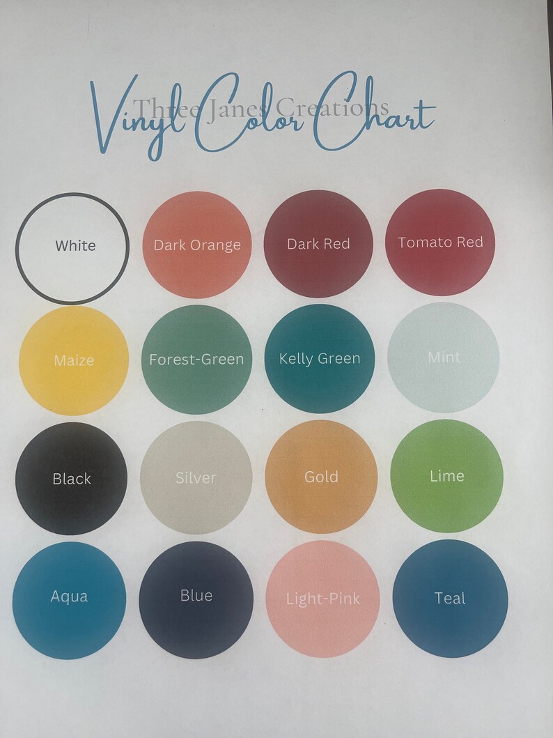 May include: Vinyl color chart with 16 different colors, including white, black, aqua, blue, light pink, teal, dark orange, dark red, tomato red, maize, forest green, kelly green, mint, silver, gold, and lime.