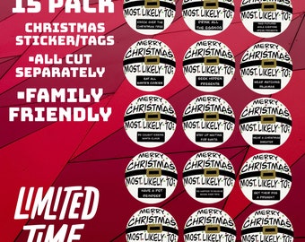 15 funny “Most likely to” Christmas Label Stickers for gifts | Family Christmas stickers | Unique Christmas Party Gift labels